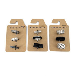 Aeropostale Set Of 9 Silver & Black Tone Stackable Rings New On Card Size 9